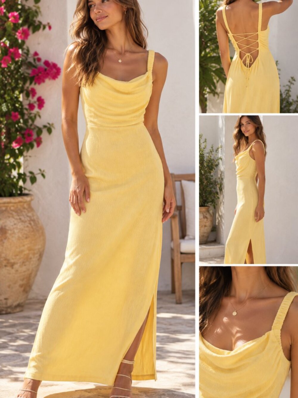 Selfie Leslie Yellow Maxi Dress S M Cowl Neck Lace Up Back Cutout Slit Y2K